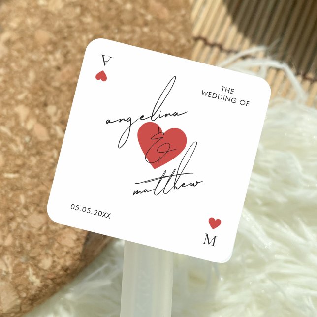 Pegatina Cuadrada Stylish Script Playing Card Casino Vegas Wedding (Subido por el creador)