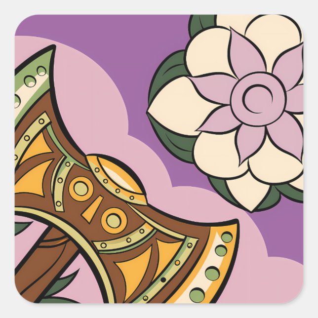 Pegatina Cuadrada Stylized Axe and Flower Design (Anverso)