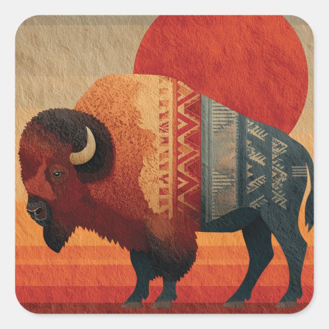 Pegatina Cuadrada Stylized Bison with Native American Patterns  (Anverso)