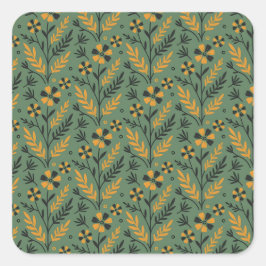 Pegatina Cuadrada Stylized botanical orange and black floral pattern