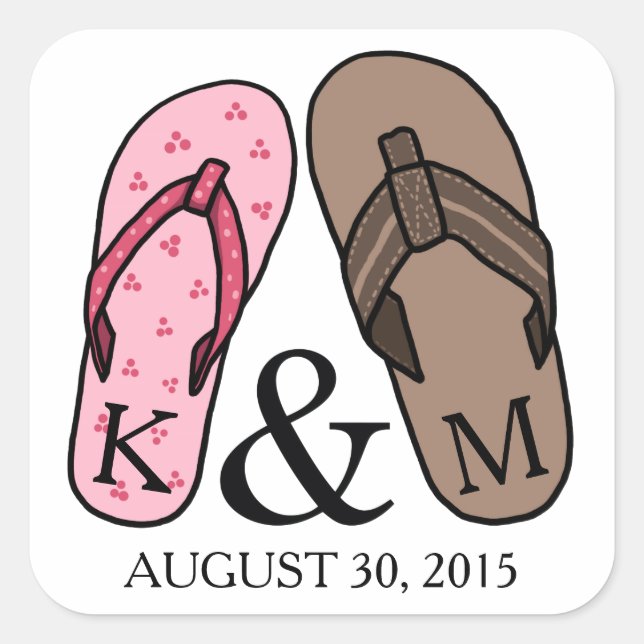 Pegatina Cuadrada Su Boda Monogramada Flip Flops (Anverso)