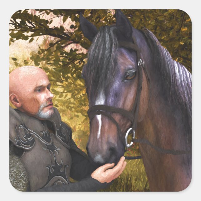 Pegatina Cuadrada Su noble acero - Un caballero y su caballo (Anverso)