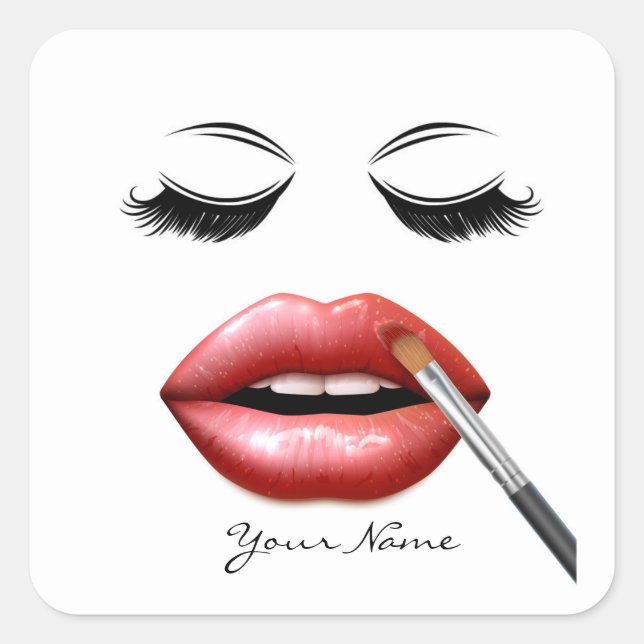 Pegatina Cuadrada Su Nombre Lips Y Eyelashes Personalizados (Anverso)