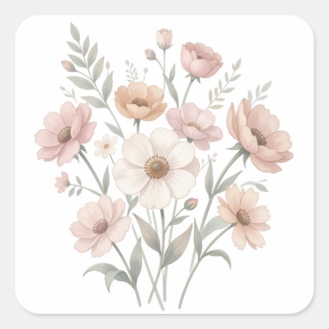 Pegatina Cuadrada Suave Bouquet de Anémonas Aquarela Suavidad (Anverso)