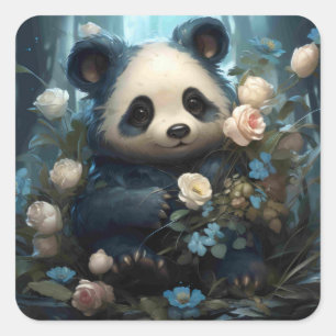 Pegatina Cuadrada Suave oso panda entre Rosas de la selva