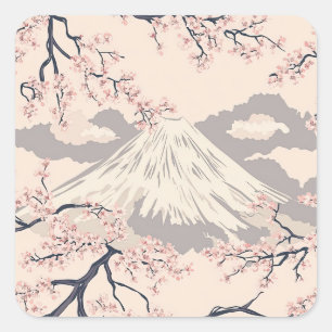 Pegatina Cuadrada Suave patrón escénico de Mount Fuji Sakura Rosa