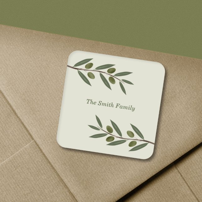 Pegatina Cuadrada Subdivisión Olive de color agua (Watercolor Olive Branch Square Sticker)