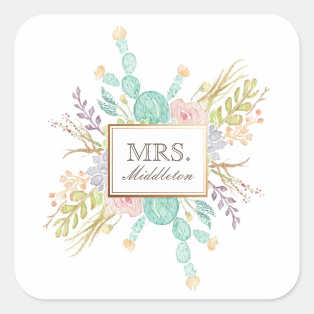 Pegatina Cuadrada Suculenta acuarela de Bouquet | Nombre (Anverso)