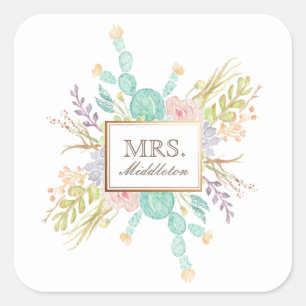 Pegatina Cuadrada Suculenta acuarela de Bouquet Nombre