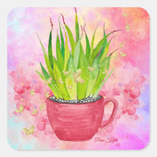 Pegatina Cuadrada Suculenta acuarela verde con puntas rosadas