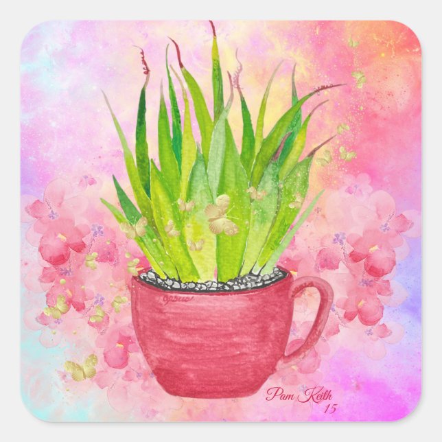 Pegatina Cuadrada Suculenta Verde Acuarela con Puntas Rosadas (Anverso)