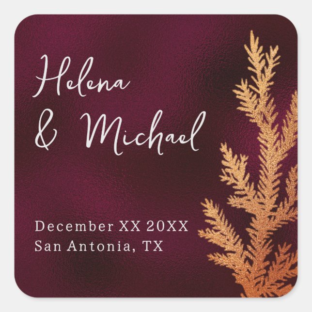 Pegatina Cuadrada Sucursal de pino de bodas de invierno de borgoña y (Anverso)