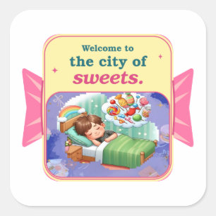 Pegatina Cuadrada Sueños de Candyland Bienvenidos a la Ciudad de Dul