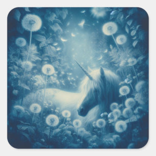 Pegatina Cuadrada Sueños de Cyanotype Dandelion Unicorn