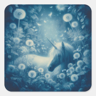Pegatina Cuadrada Sueños de Cyanotype Dandelion Unicorn