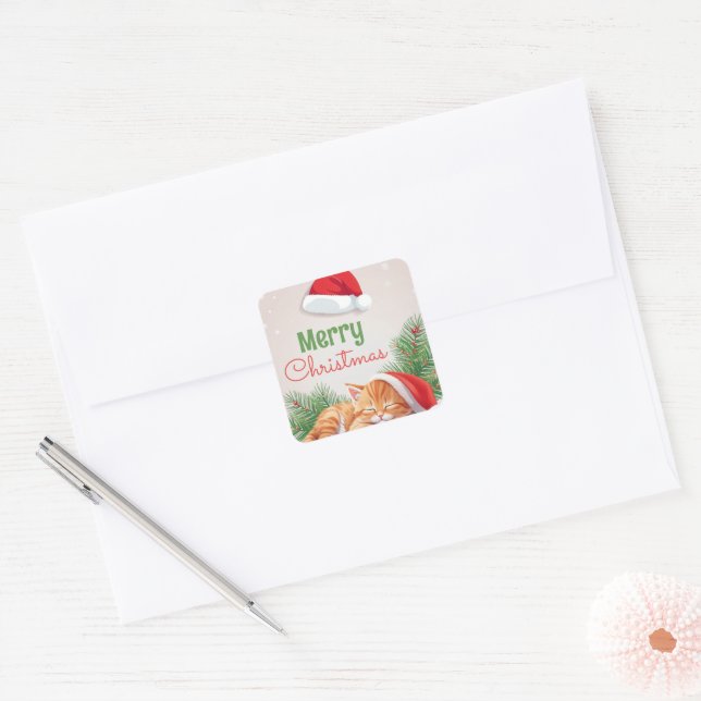 Pegatina Cuadrada Sueños de navidades - Gatito durmiente en Santa Ha (Sobre)