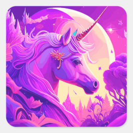 Pegatina Cuadrada Sueños morados y rosados de unicornio mágico