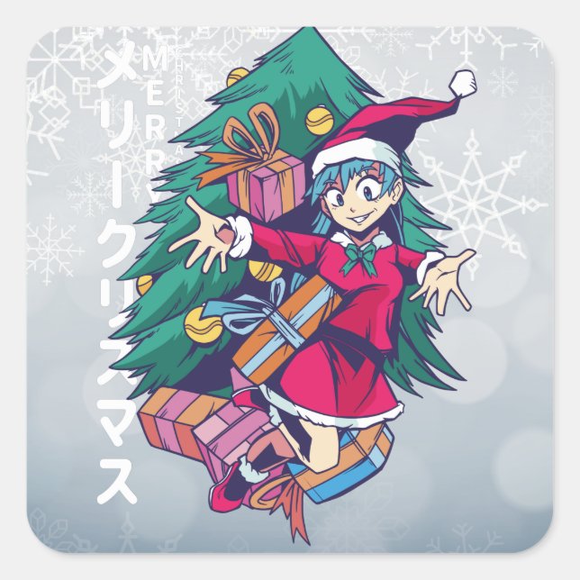 Pegatina Cuadrada Suéter de Navidad de Anime - Chica Feliz con Sombr (Anverso)