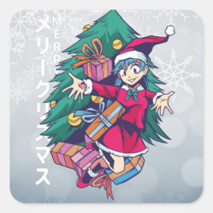 Pegatina Cuadrada Suéter de Navidad de Anime - Chica Feliz con Sombr