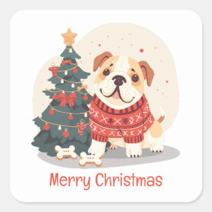 Pegatina Cuadrada Suéter de Navidad de Bulldog Inglés Feliz Navidad