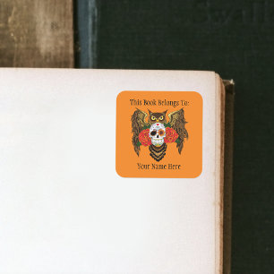 Pegatina Cuadrada Sugar Skull Rosas Owl Bookplate