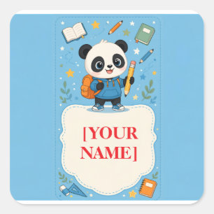 Pegatina Cuadrada Suministros Cute Panda para el Regreso a Clases