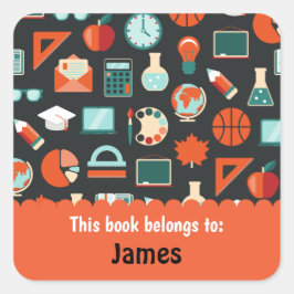 Pegatina Cuadrada Suministros de escuela de Naranja verde retro pers