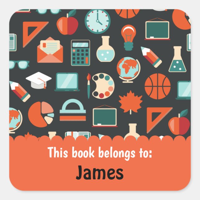 Pegatina Cuadrada Suministros de escuela de Naranja verde retro pers (Anverso)