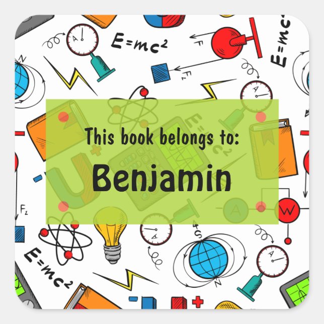 Pegatina Cuadrada Suministros de escuelas de diversiones verdes blan (Anverso)