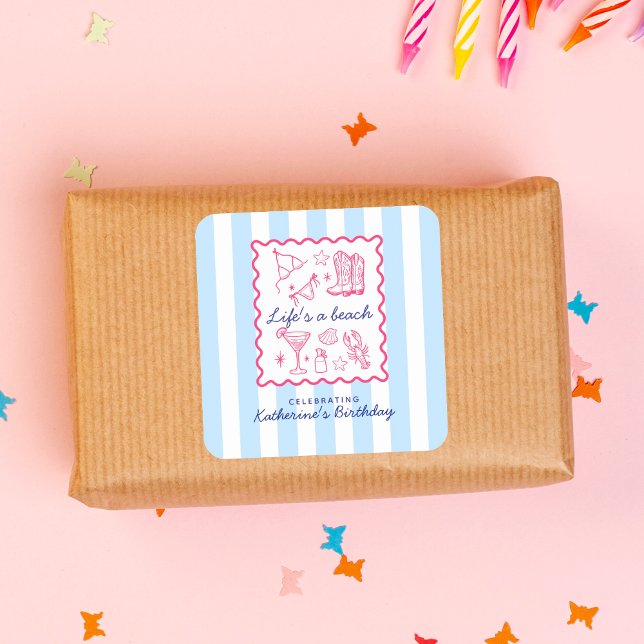 Pegatina Cuadrada Summer Blue Stripes Life's a Beach Birthday Party  (Subido por el creador)
