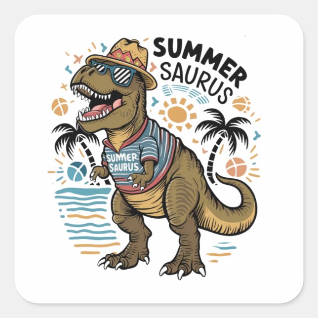 Pegatina Cuadrada Summer Saurus T-Rex Svg, Dinosaur Svg, (Anverso)