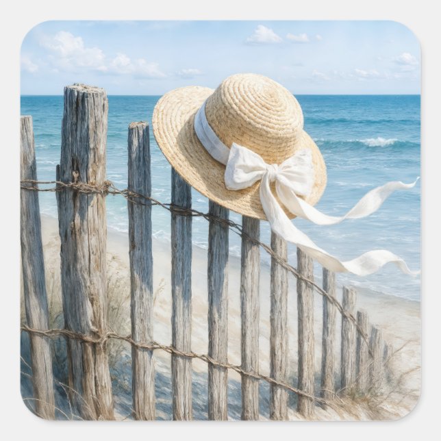 Pegatina Cuadrada Summer Straw Hat In Ocean Breeze (Anverso)