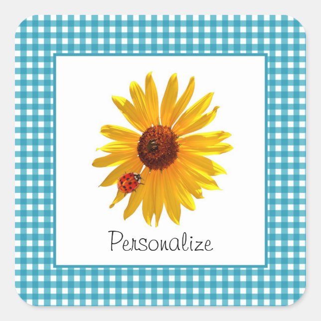 Pegatina Cuadrada Summer Sunflower Gingham WIth Name (Anverso)