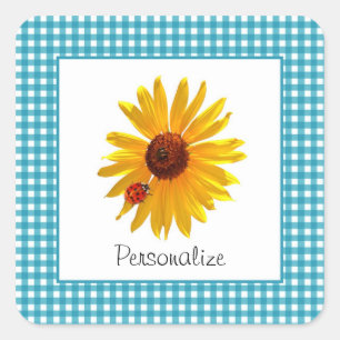 Pegatina Cuadrada Summer Sunflower Gingham WIth Name