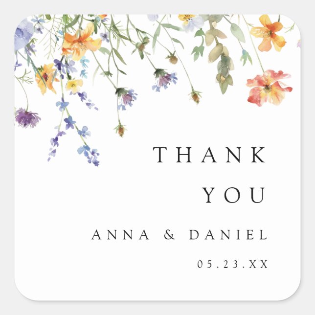 Pegatina Cuadrada Summer Wildflower Garden Wedding (Anverso)