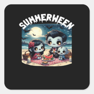 Pegatina Cuadrada Summerween con una familia de vampiros en la playa