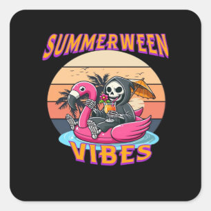 Pegatina Cuadrada Summerween Vibes Grim Reaper Flamingo Floor Retro
