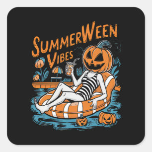 Pegatina Cuadrada Summerween Vibes Spookone Summer Pumpkin Cute