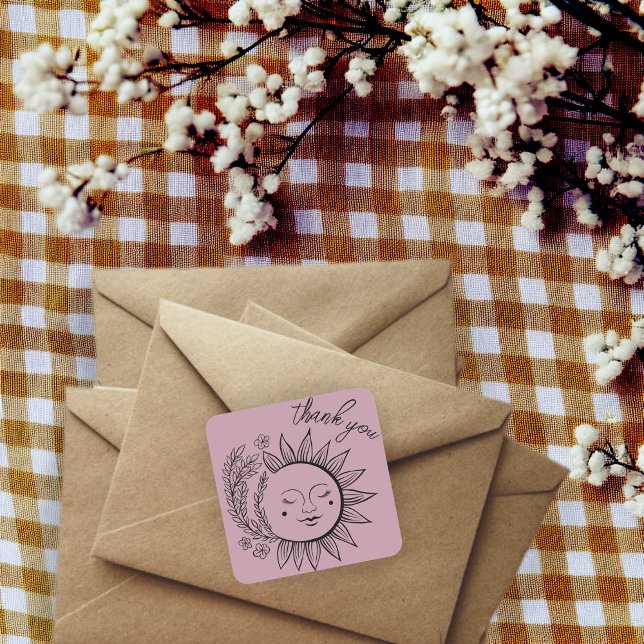 Pegatina Cuadrada Sun Floral Boho GRACIAS Elegante Moda Dusty Rosa (Sun Floral Boho THANK YOU Elegant Chic Dusty Rose Square Sticker
)