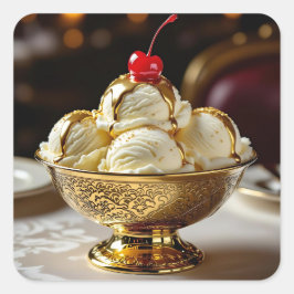 Pegatina Cuadrada Sundae de helado con jarabe de oro en blanco