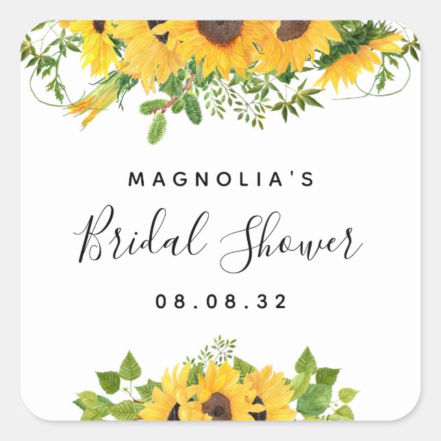 Pegatina Cuadrada Sunflower Bridal Shower (Anverso)