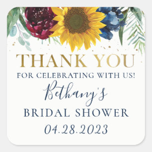 Pegatina Cuadrada Sunflower Floral Bridal Shower Gold Gracias Squa