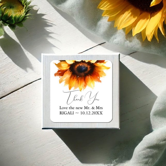 Pegatina Cuadrada Sunflower Gracias Pegatinas (Thank you stickers watercolor sunflowers personalized text by VG Invites)