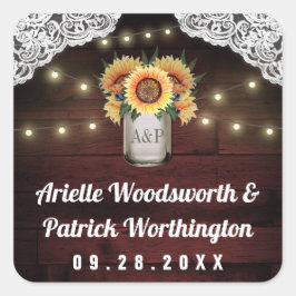 Pegatina Cuadrada Sunflower Mason Jar Wood Lace Wedding Favor