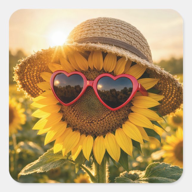 Pegatina Cuadrada Sunflower Wearing Sunglasses and Straw Hat (Anverso)