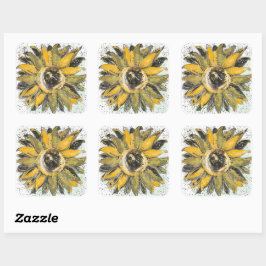 Pegatina Cuadrada Sunflower Yellow Green Black Watercolor Style Art