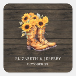 Pegatina Cuadrada Sunflowers Cowboy Boots Barn Wood Boda Occidental