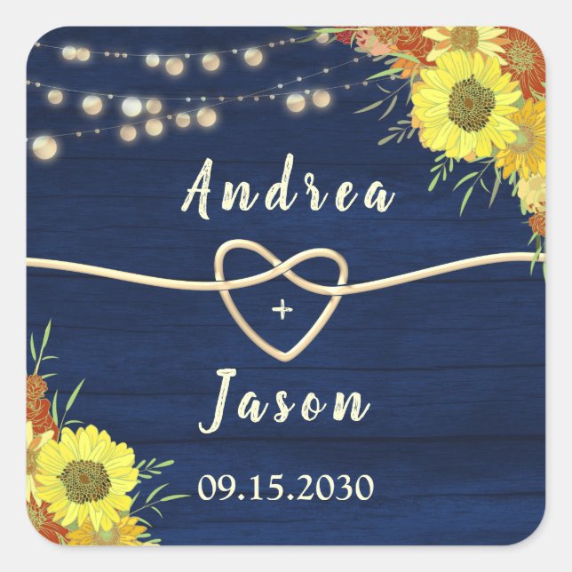 Pegatina Cuadrada Sunflowers Rustic Navy Blue Wedding Favor (Anverso)