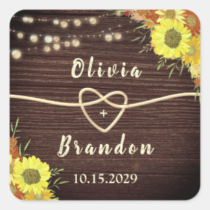 Pegatina Cuadrada Sunflowers Rustic Wood Wedding Favor