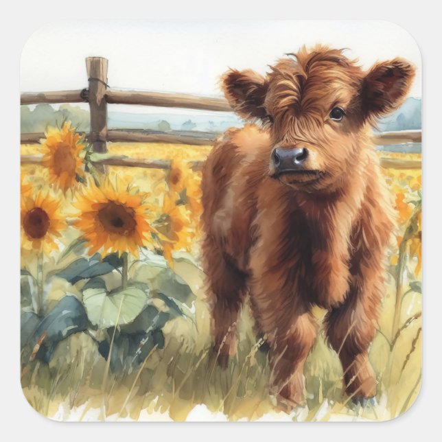 Pegatina Cuadrada Sunflowers y Highland Calf (Anverso)